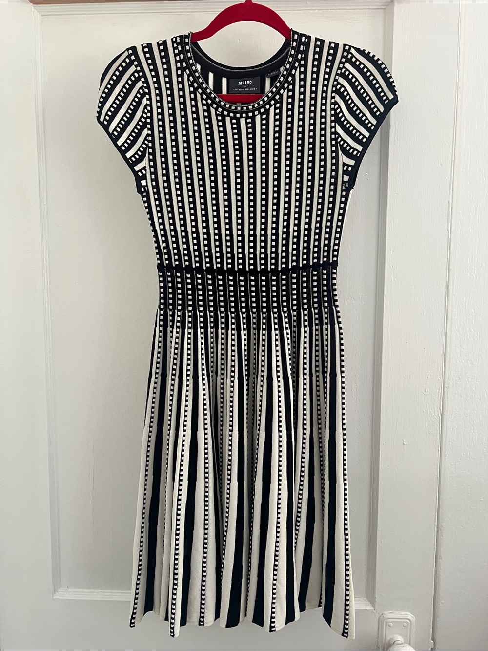 Maeve "Baird" Black & White Vertical-Striped Fit-and-Flare Midi Dress